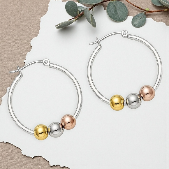 ποΈ18K Gold Plated Stainless Steel Tri-Color Beaded Hoop Earrings Trendy & Chic - Picture 4 of 11